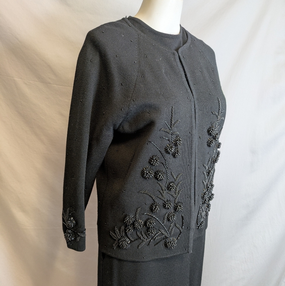 Vintage 69's  Nan Elliot 3 Piece Black Beaded Sweater Set Shell Skirt Cardigan